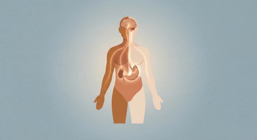 Illustration der Stressachse zwischen Gehirn, Nebenniere und Magen bei Appetitlosigkeit durch Stress