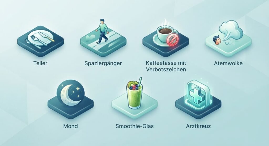 Sieben Icons zu Appetitlosigkeit durch Stress was tun im Alltag
