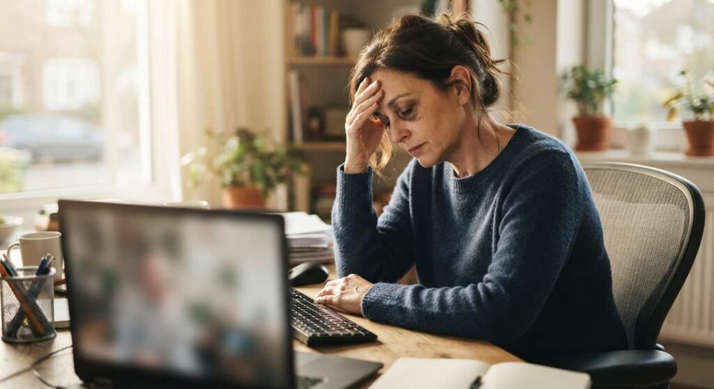 Frau mit Konzentrationsschwierigkeiten durch Darmprobleme am Schreibtisch