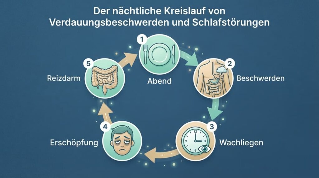 Kreislauf-Grafik: Abendessen, nächtliche Beschwerden, gestörter Schlaf, Erschöpfung und gereizter Darm verstärken sich gegenseitig