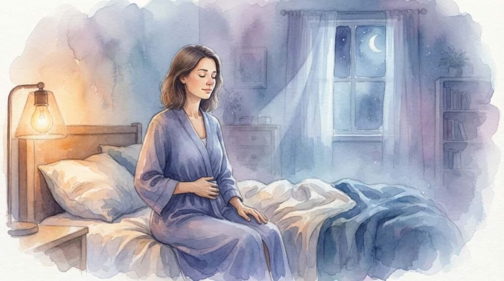 Frau atmet abends ruhig in den Bauch, eine Hand auf dem Bauch, gedimmtes Licht als Abendritual für Verdauung und Schlaf