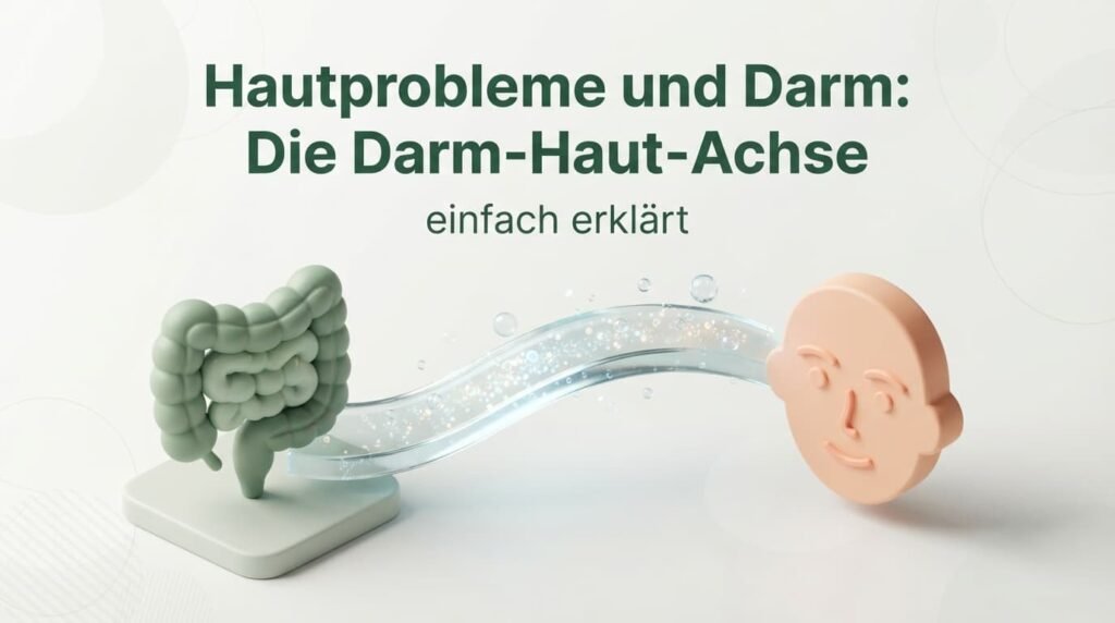 Isometrische Illustration von Darm und Gesicht, verbunden durch eine leuchtende Brücke, mit dem Text Hautprobleme und Darm: Die Darm-Haut-Achse einfach erklärt
