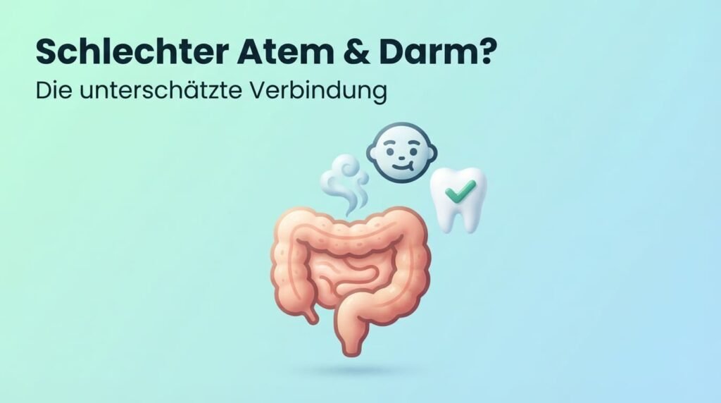 Isometrische Grafik mit Darm-Icon, Atemwölkchen und Zahn-Icon zum Thema Mundgeruch und Darmgesundheit