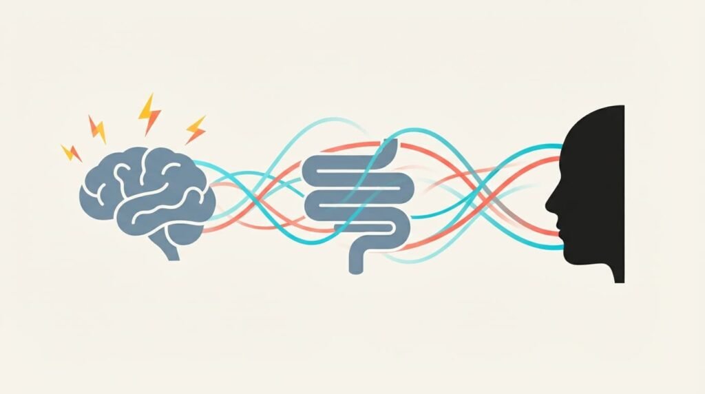 Illustration der Verbindung zwischen Gehirn, Darm und Haut als Darstellung der Stress-Darm-Haut-Achse